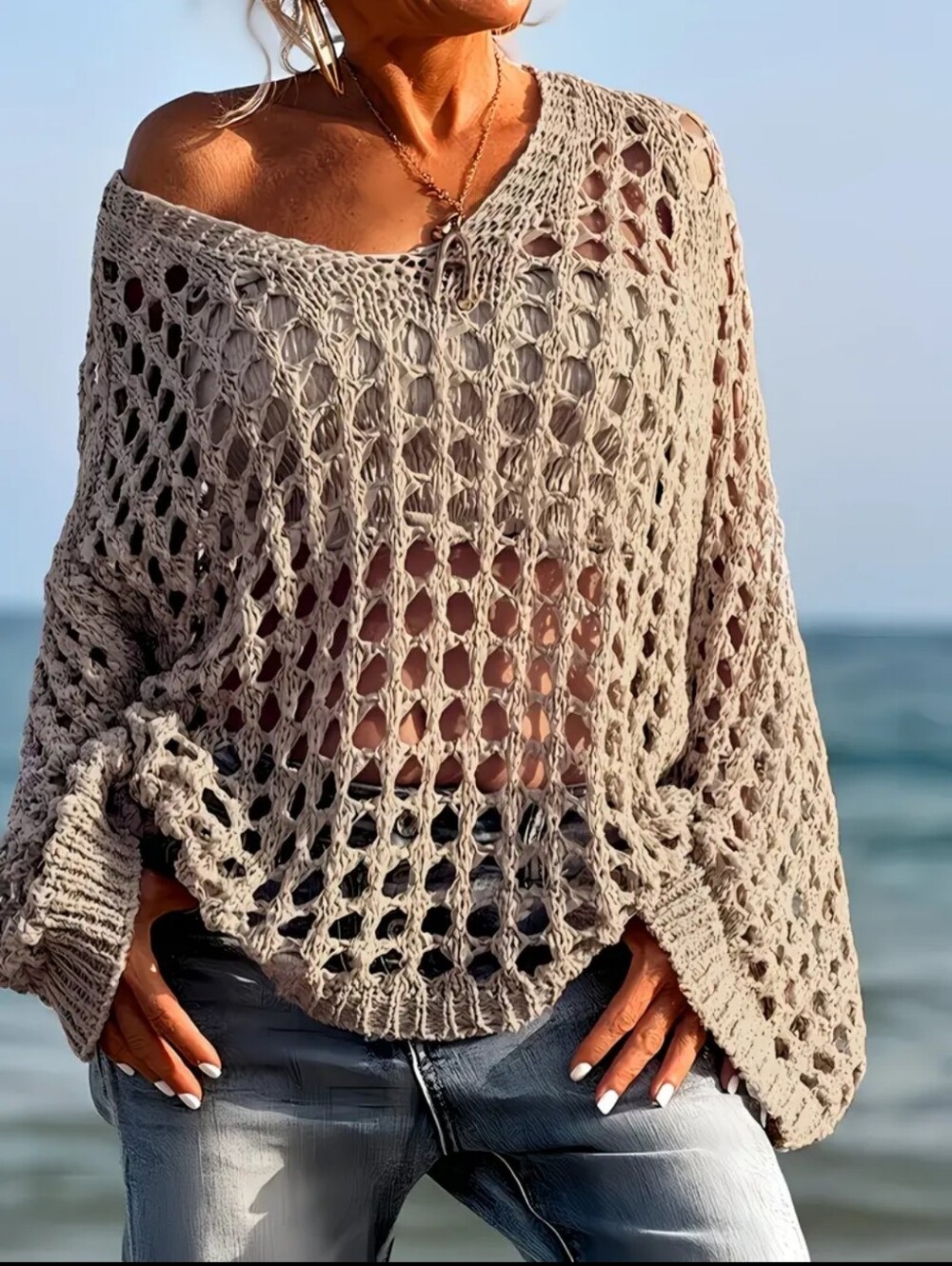 Open-Knit Beach Sweater in Beige